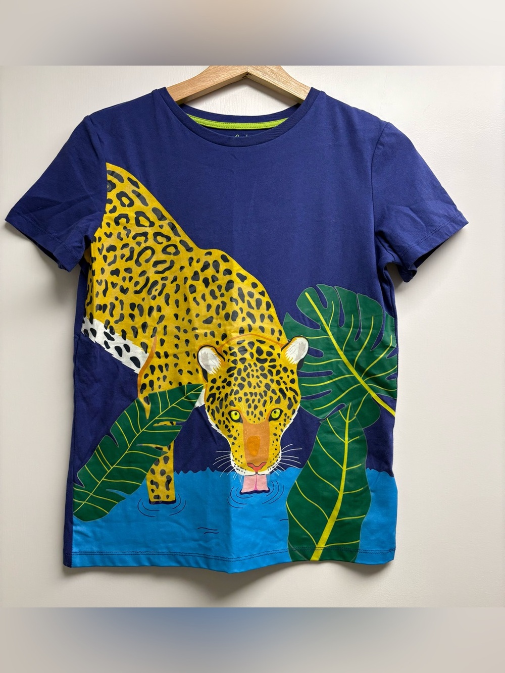 Mini Boden Boys Blue Leopard Jaguar Drinking Water Graphic Tee Shirt Size 11-12Y
